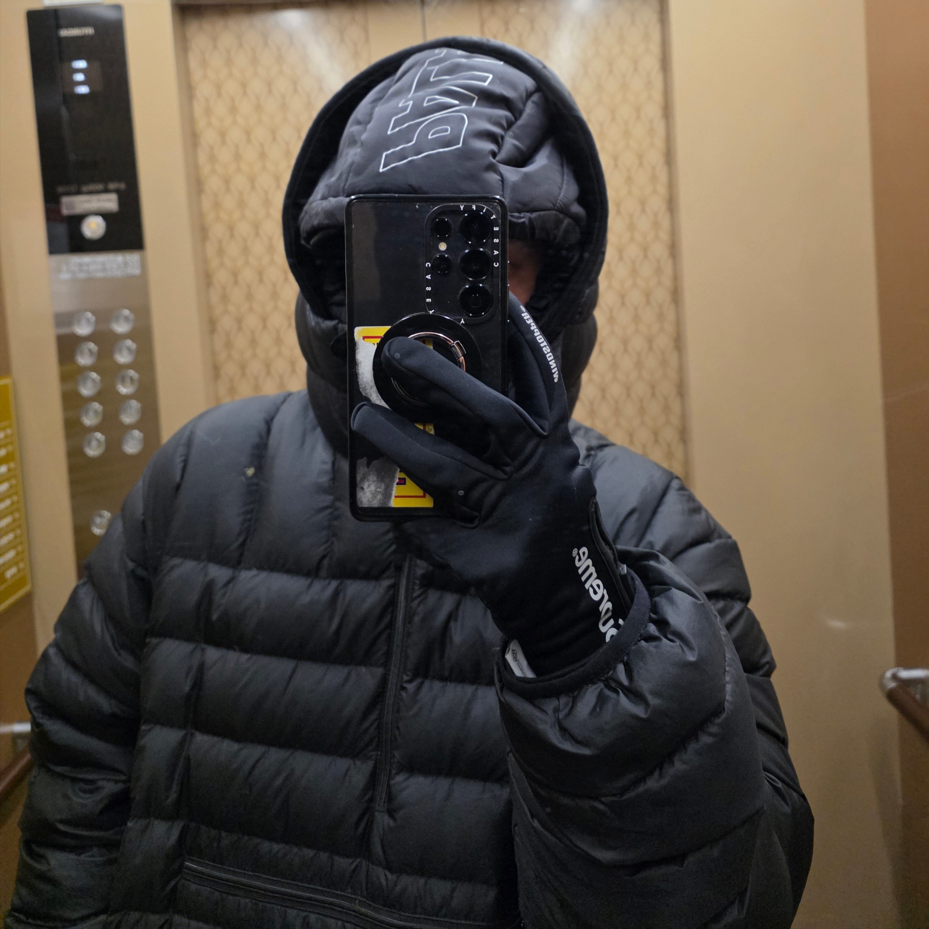 Palace Puffa Balaclava Hood Black - 24FW, Supreme Windstopper Zip Gloves Black - 25FW 착용 스타일