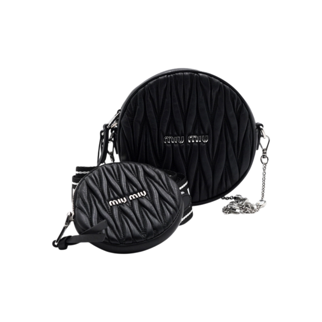 ITUUPPE7E3AK Miu Miu Black Matelasse Round Tambourine Crystal Chain Shoulder and Crossbody Bag