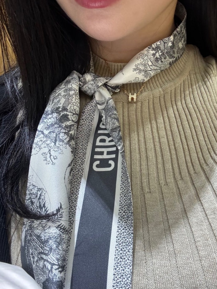 (W) Dior Toile de Jouy Sauvage Mitzah Scarf Silk Twill Ivory Grey 착용 스타일 - 1