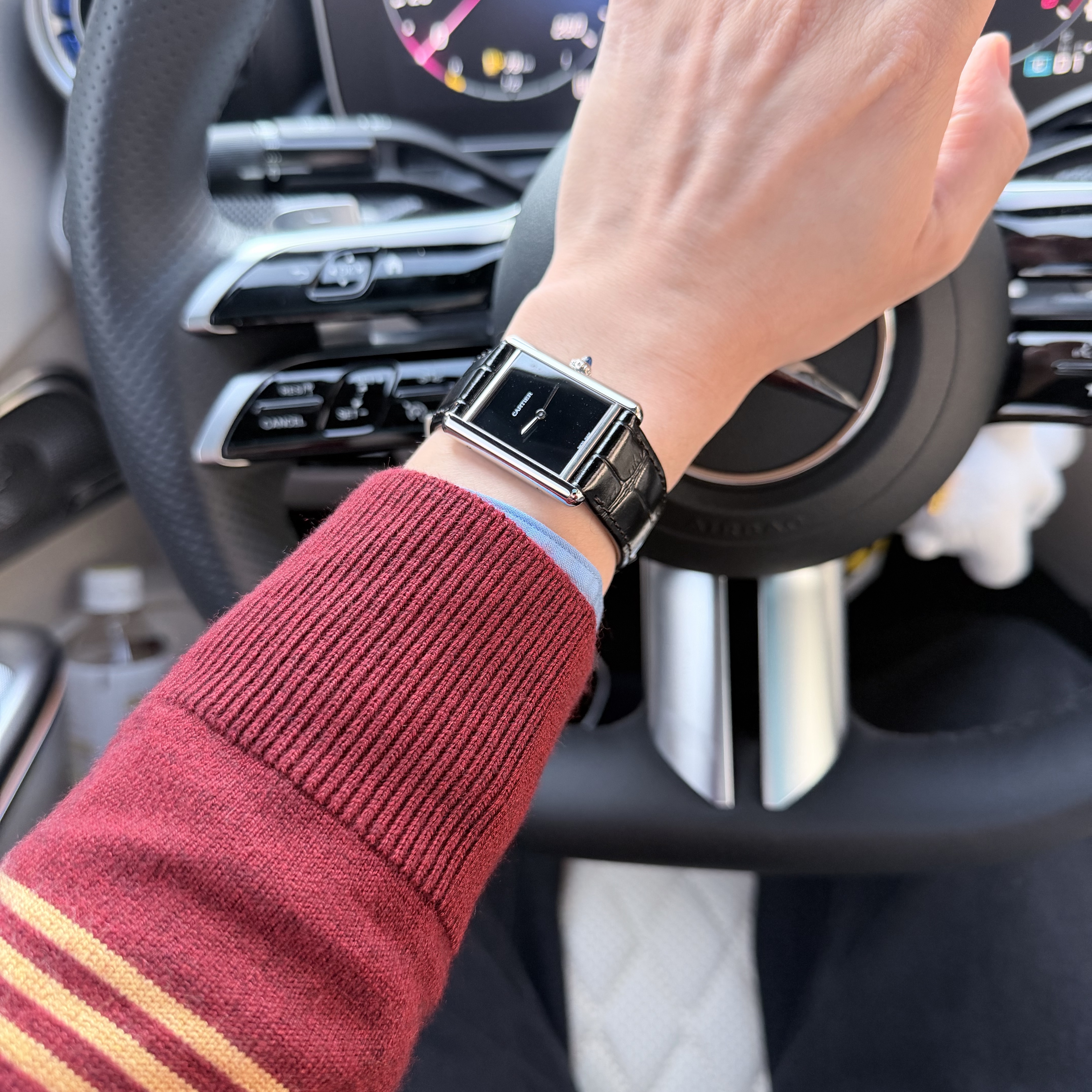 Miu Miu Striped Cashmere and Silk Cardigan Amaranth Red Maze Yellow, Cartier Tank Must Watch Large Quartz Steel Alligator Skin Black 착용 스타일