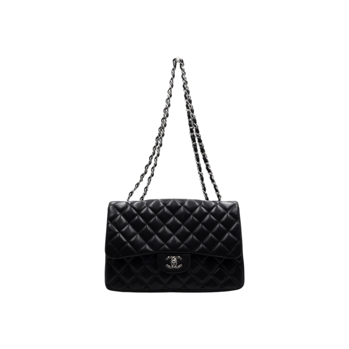 ITPQDQGRQKER Chanel Classic Large (Jumbo) One Flap Shoulder Bag in Black Lambskin with Silver Chain