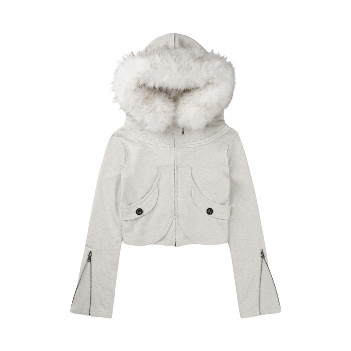 (M) 보니앤키예 디스트레스드 심 퍼 후드집업 오트밀((M) bonienkiye Distressed Seam Fur Hood Zip-Up Oatmeal)
