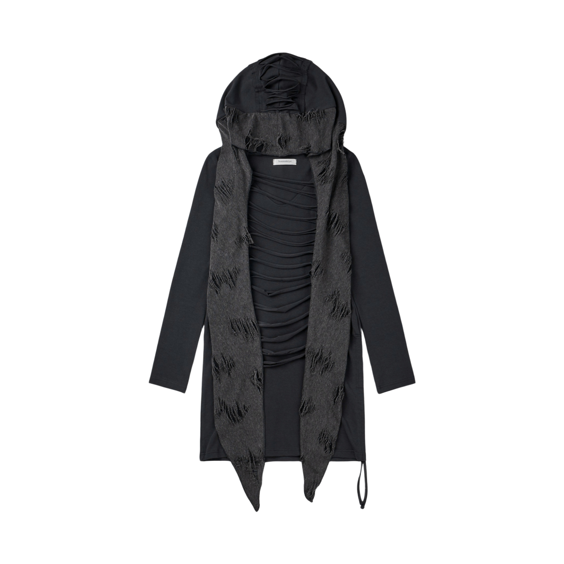 (W) 보니앤키예 디스트레스드 후드 스카프 드레스 차콜((W) bonienkiye Distressed Hood Scarf Dress Charcoal)