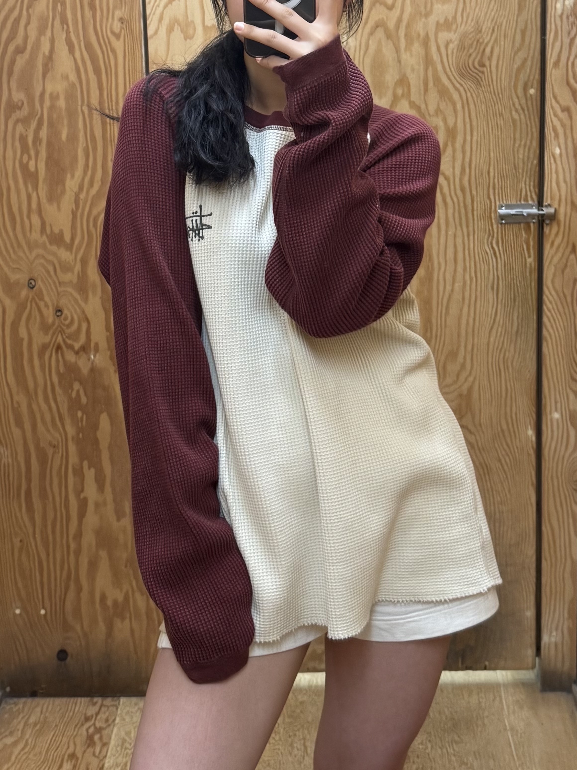 Stussy Basic Stussy Thermal 2 Tone LS T-Shirt Off White 착용 스타일