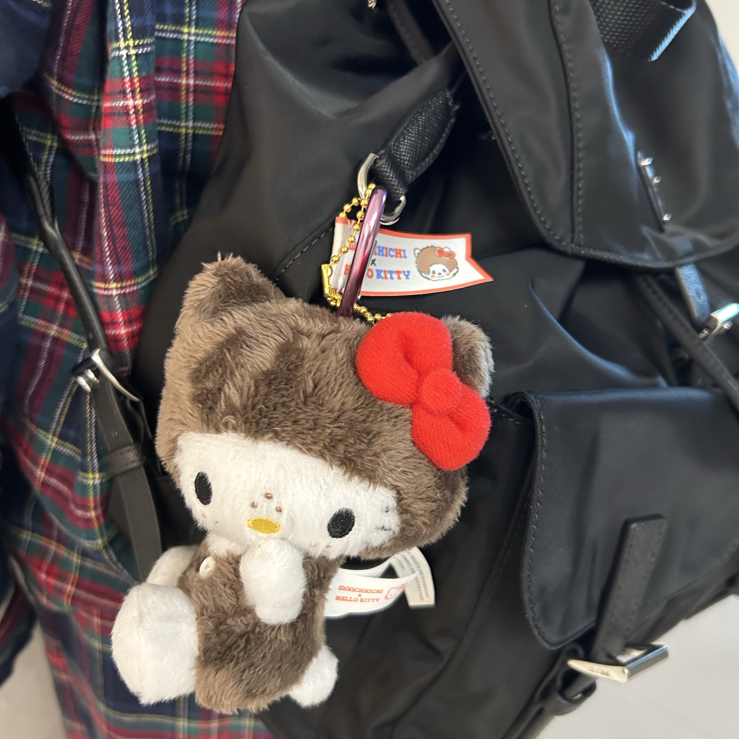 Sanrio Hello Kitty x Monchhichi 50th Anniversary Hello Kitty Holder, Prada Re-Nylon Medium Backpack Black 착용 스타일
