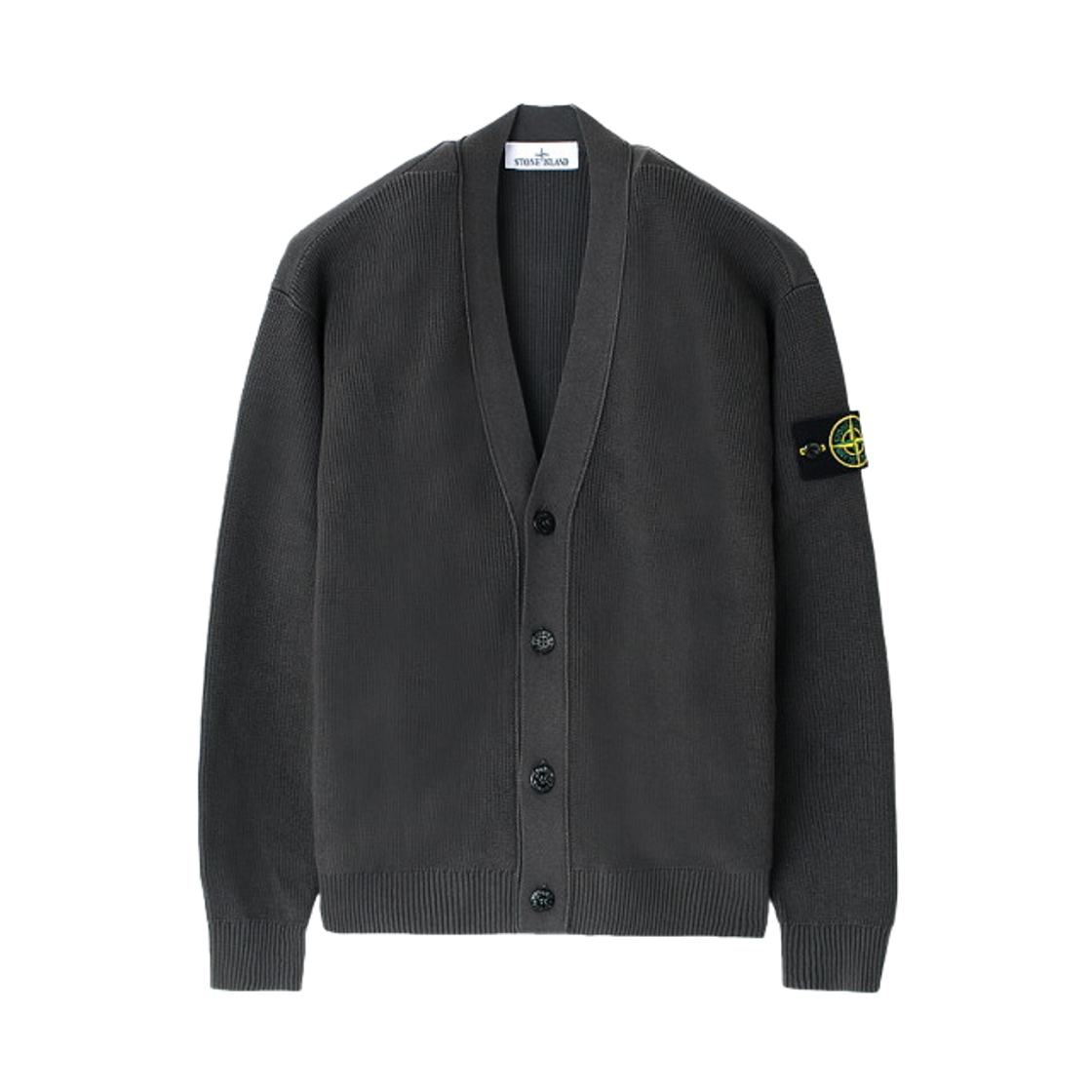 스톤 아일랜드 5100009 립드 소프트 오가닉 코튼 브이넥 가디건 차콜 그레이 - 26SS(Stone Island 5100009 Ribbed Soft Organic Cotton V-Neck Cardigan Charcoal Grey - 26SS)