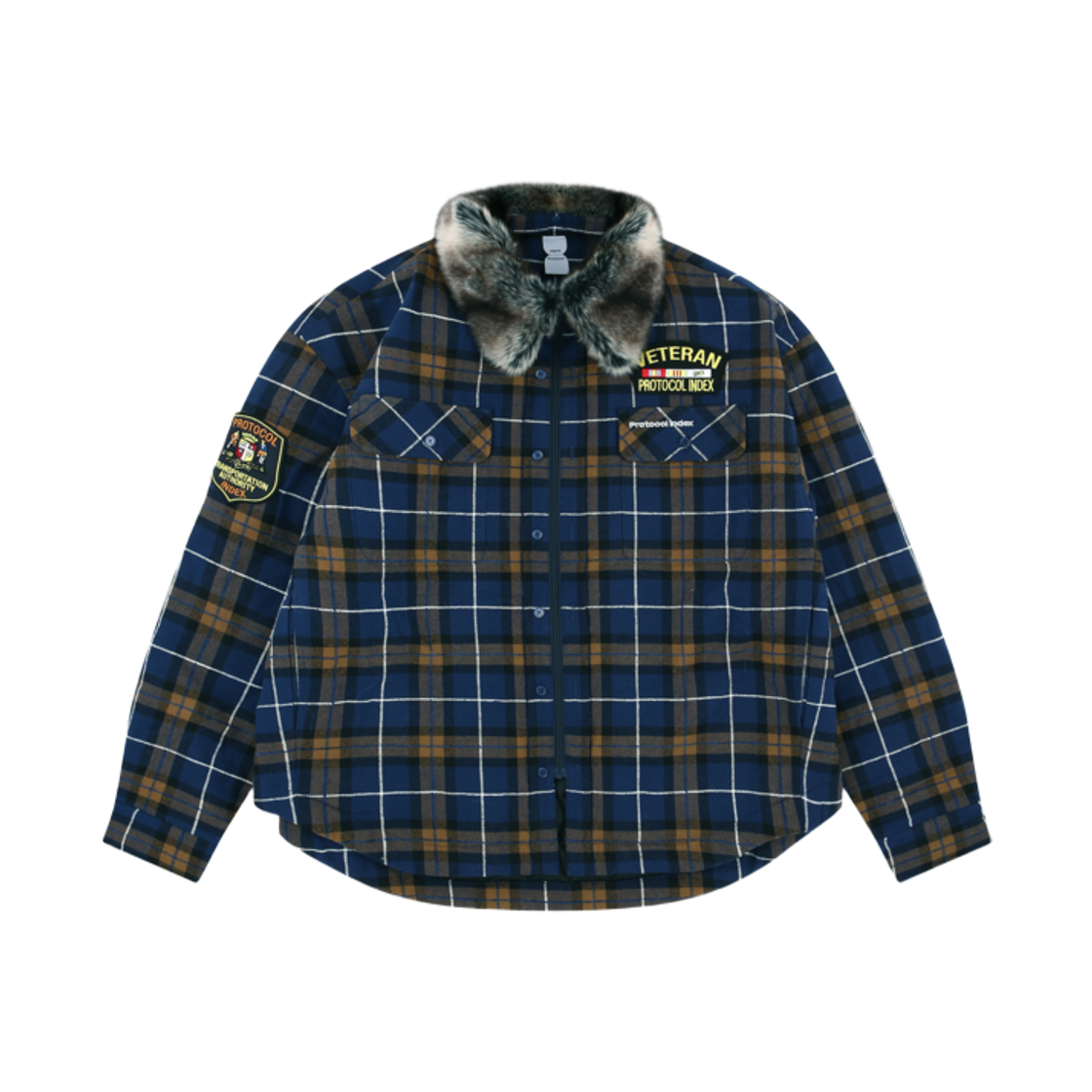 프로토콜 인덱스 퍼 칼라 플란넬 체크 셔츠 자켓 블루(Protocol Index Fur Collar Flannel Check Shirt Jacket Blue)
