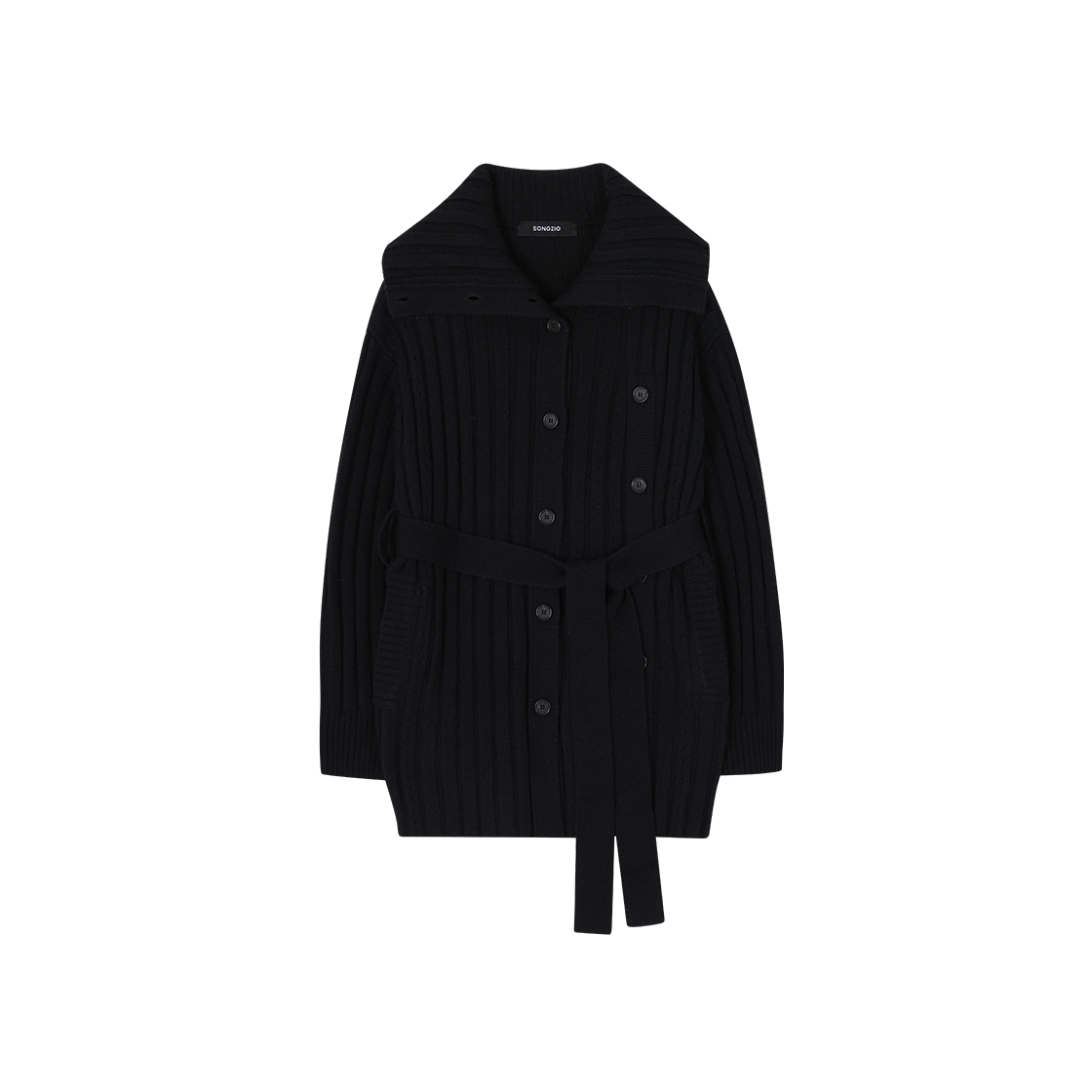 (W) 송지오 컬렉션 어시메트릭 하이 넥 니트 코트 블랙