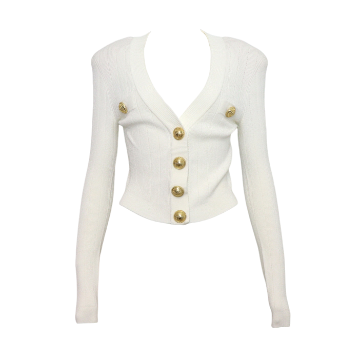 발망 화이트 혼합 금장 버튼 크롭 여성 니트 가디건aa58979(Balmain White Blend Gold Button Cropped Women's Knit Cardigan)