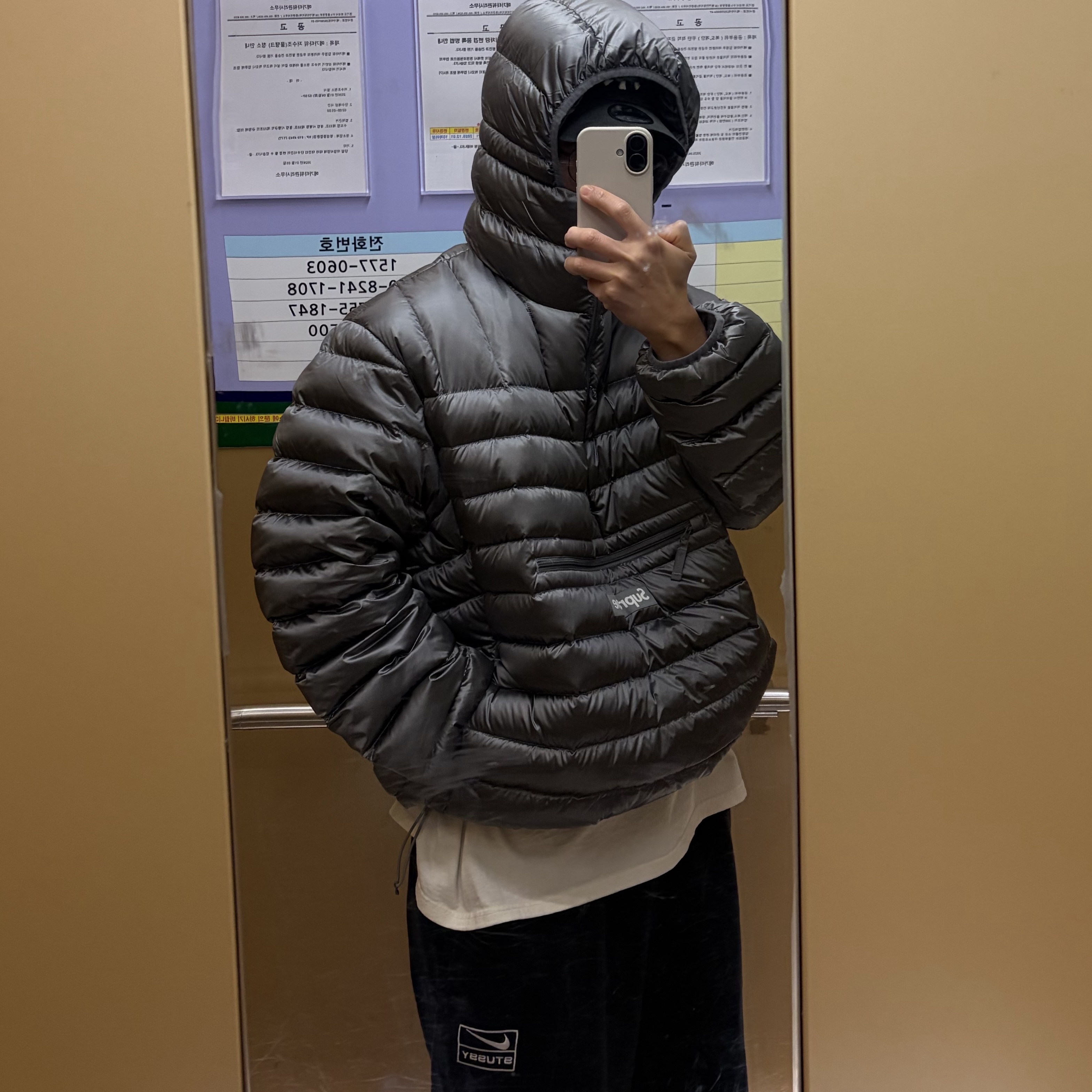 Supreme Micro Down Half Zip Hooded Pullover Silver - 25FW, Nike x Stussy Washed Fleece Pants Black (FN5235-010) 착용 스타일