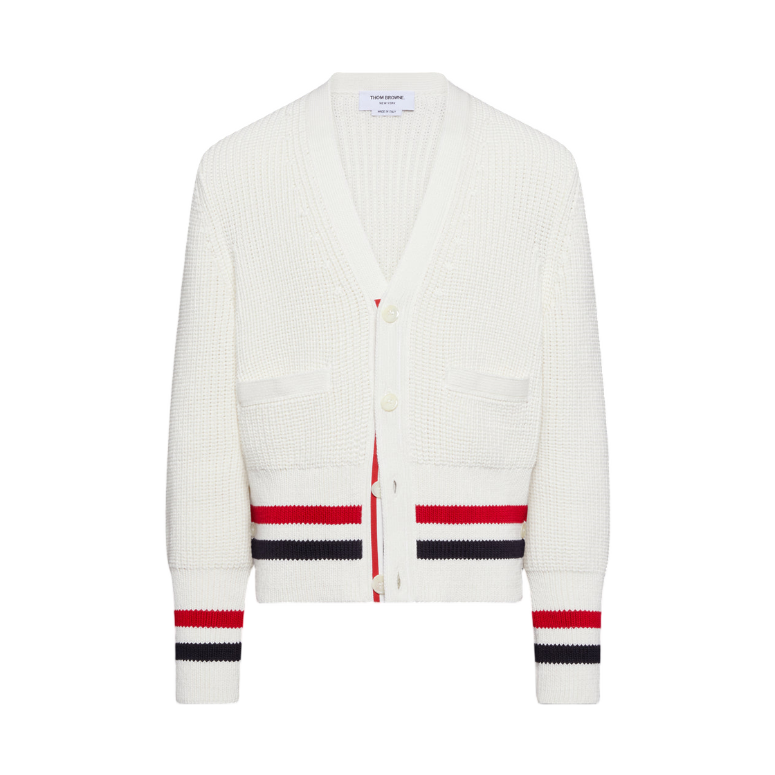 톰브라운 하프 가디건 스티치 코튼 RWB 가디건 화이트(Thom Browne Half Cardigan Stitch Cotton RWB Cardigan White) - 1