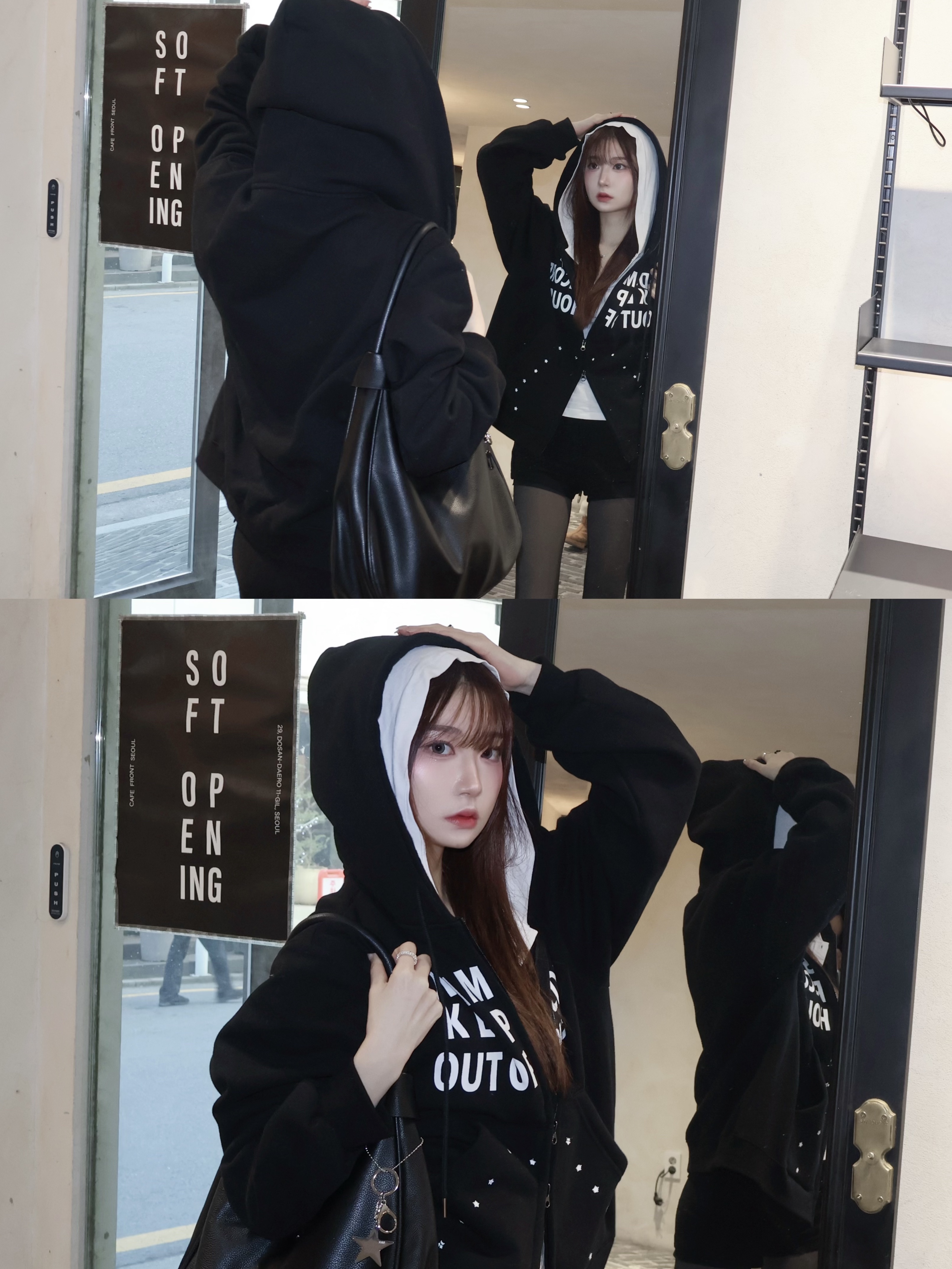 SLOW RECORD HOUSE Typo Star Hood Zip-up Black 착용 스타일 - 5