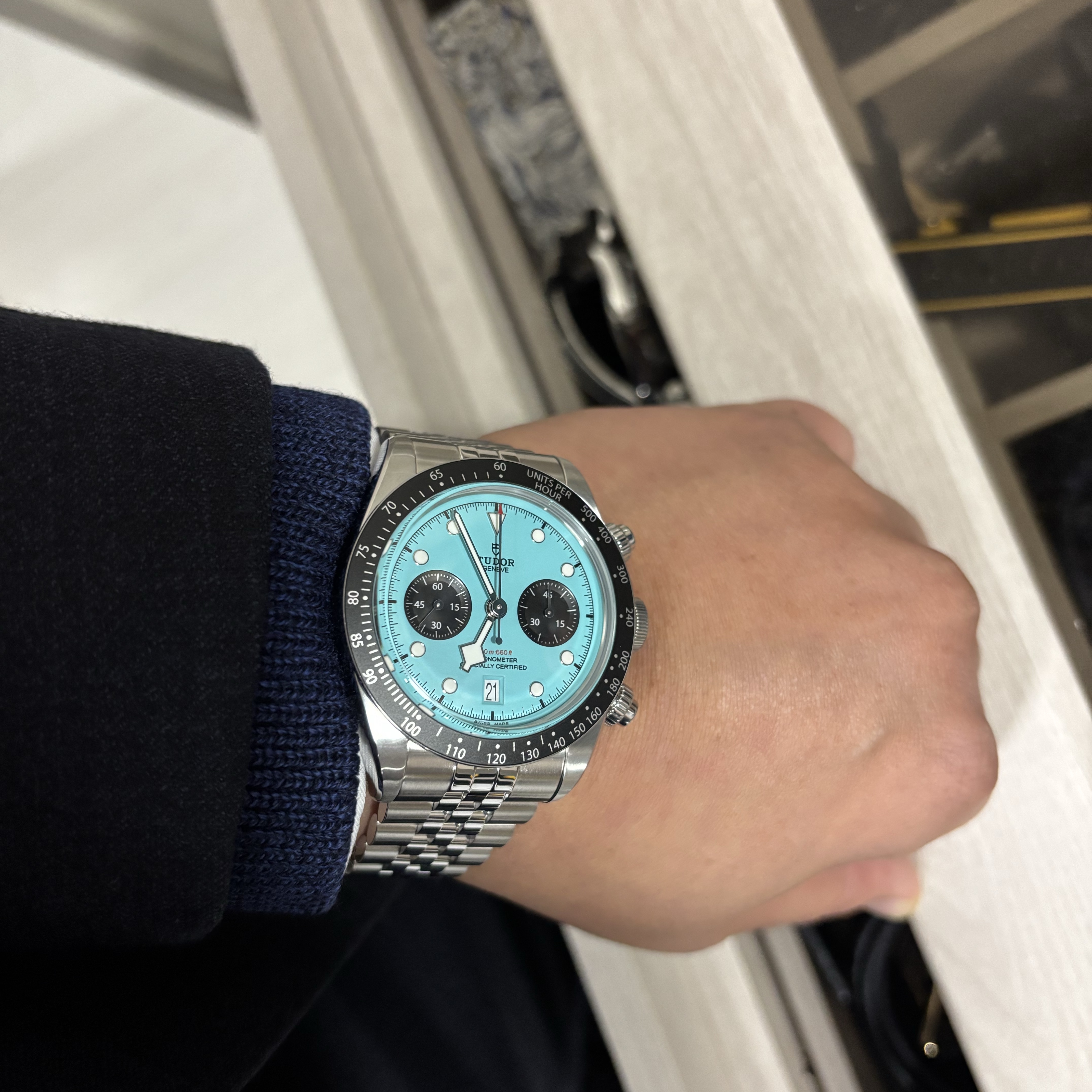 Tudor Black Bay Chrono 41mm MT5813 Steel Bracelet Turquoise 착용 스타일