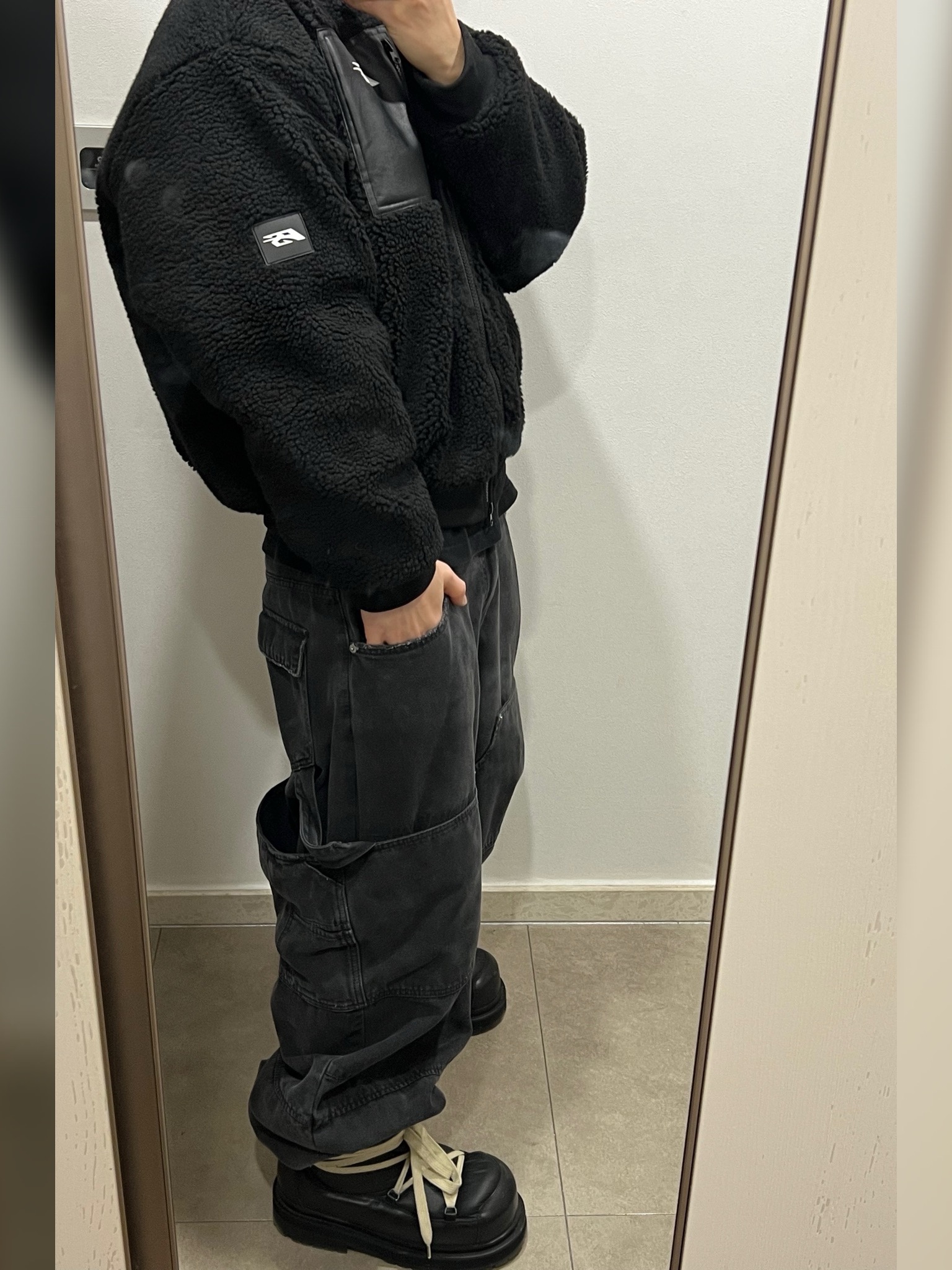 Force Sensitive Fs Fleece Ma-1 Black, Nonnod Double knee cover pants Vintage black 착용 스타일 - 2