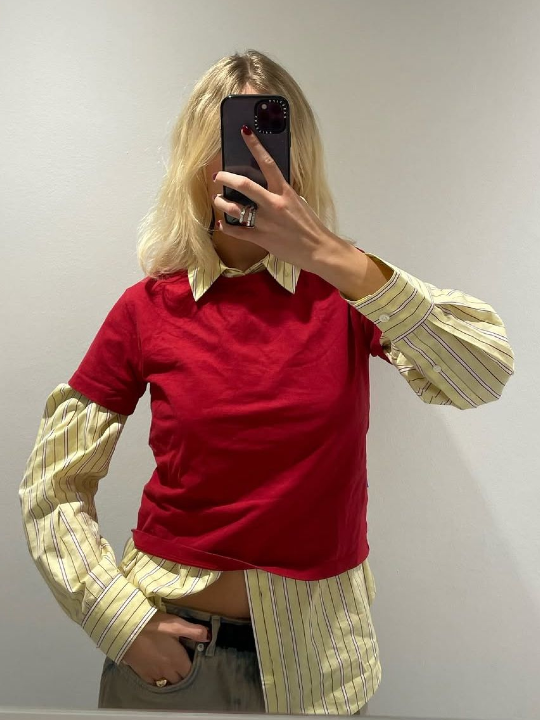 Hello Sunrise Safari Shirt Jacket Washed Yellow, Play Comme des Garcons Striped Black Heart Shirt Blue 착용 스타일 - 5