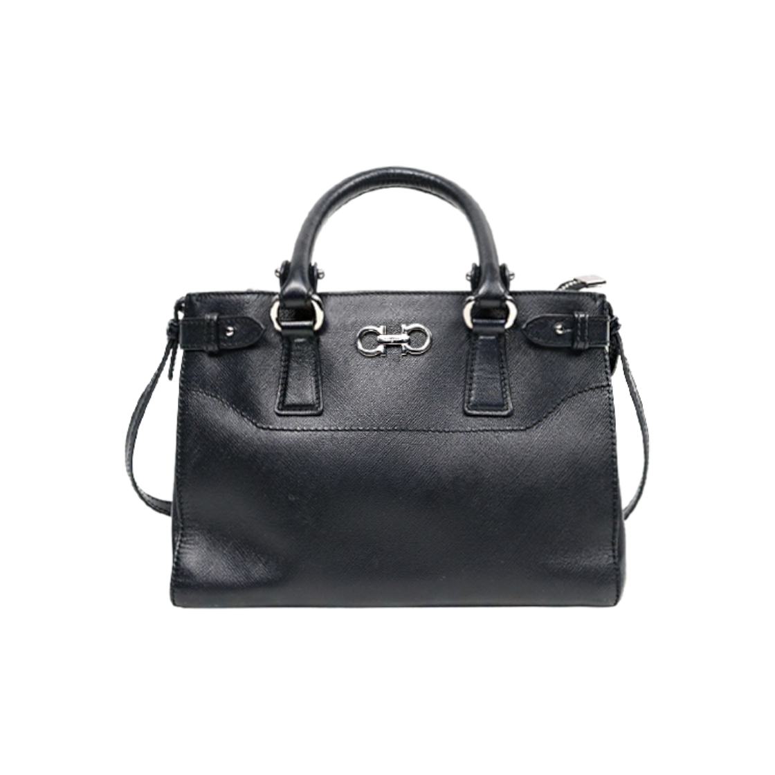 ITNFTF3R2538 Salvatore Ferragamo Black Saffiano Double Gancini 2-Way Bag C-A46017