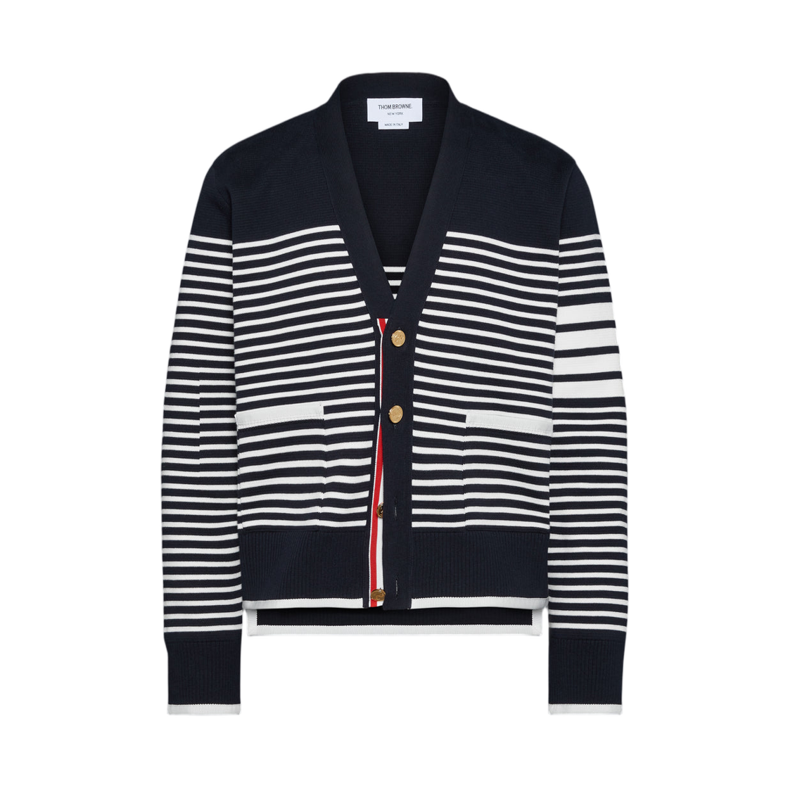 톰브라운 밀라노 스티치 스트라이프 박시 핏 가디건 네이비 화이트(Thom Browne Milano Stitch Striped Boxy Fit Cardigan Navy White) - 1