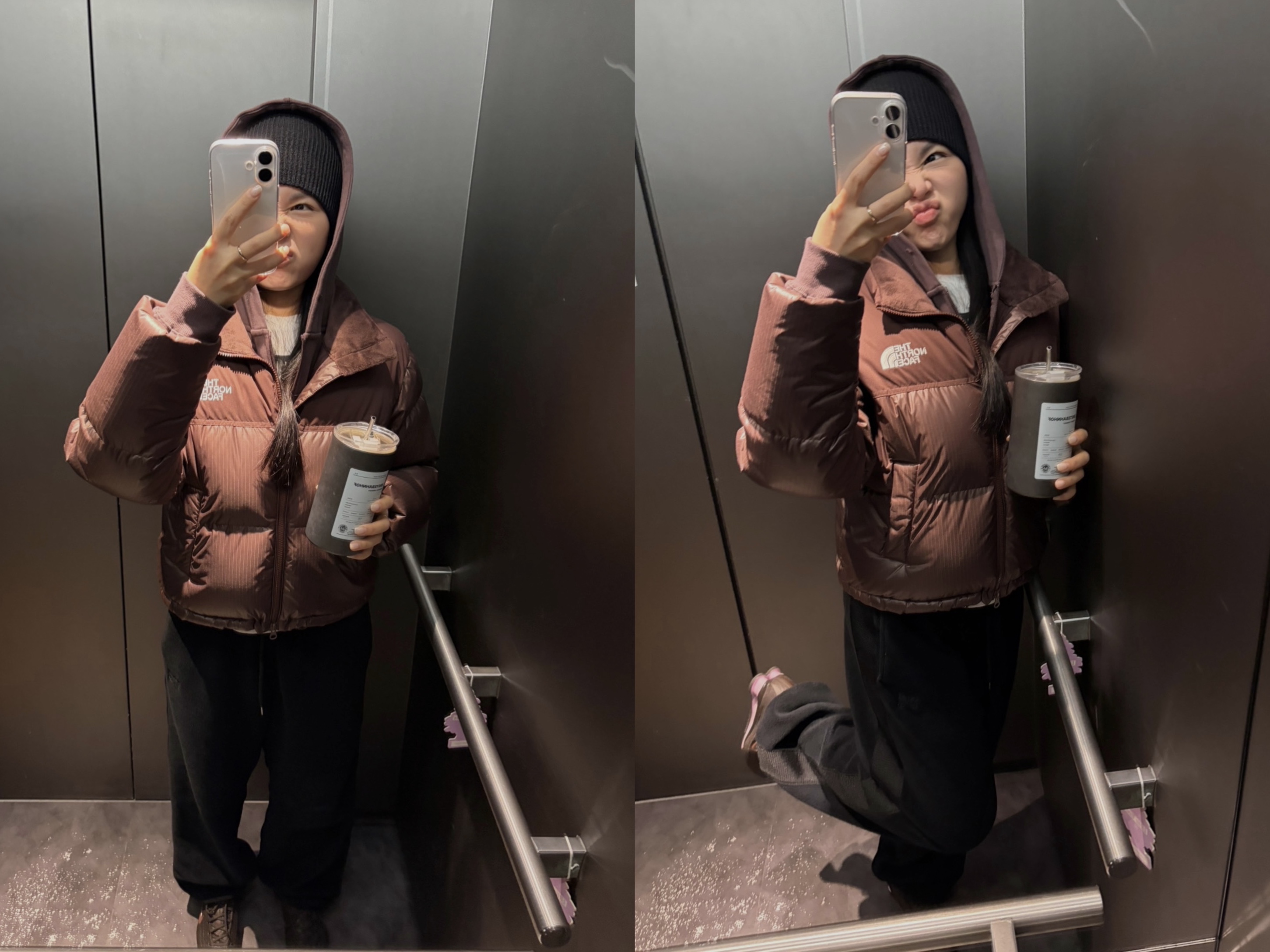 Uniqlo x Needles Fleece Wide Pants Black - KR, (W) The North Face White Label Novelty Nuptse Down Jacket Cocoa Brown 착용 스타일 - 1