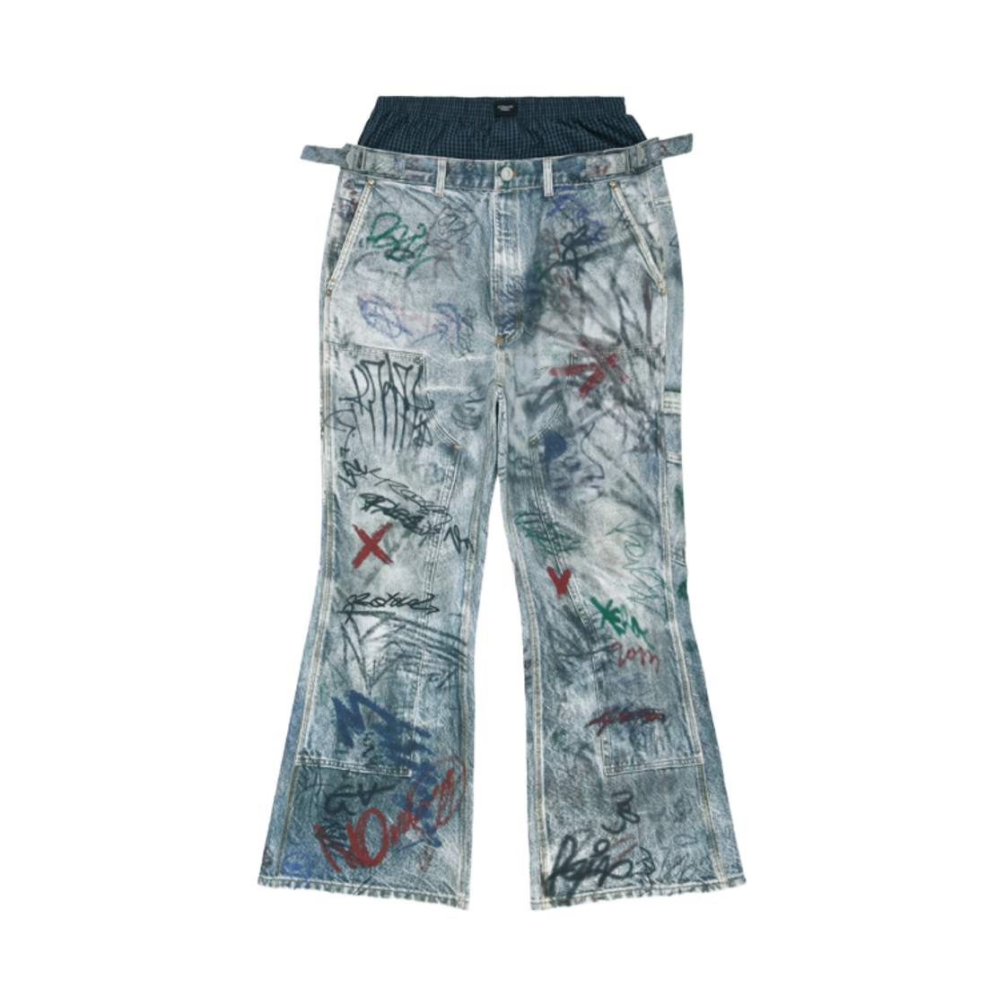프로토콜 인덱스 그래피티 트롱프 뢰유 레이어드 팬츠 블루(Protocol Index Graffiti Trompe L'oeil Layered Pants Blue)