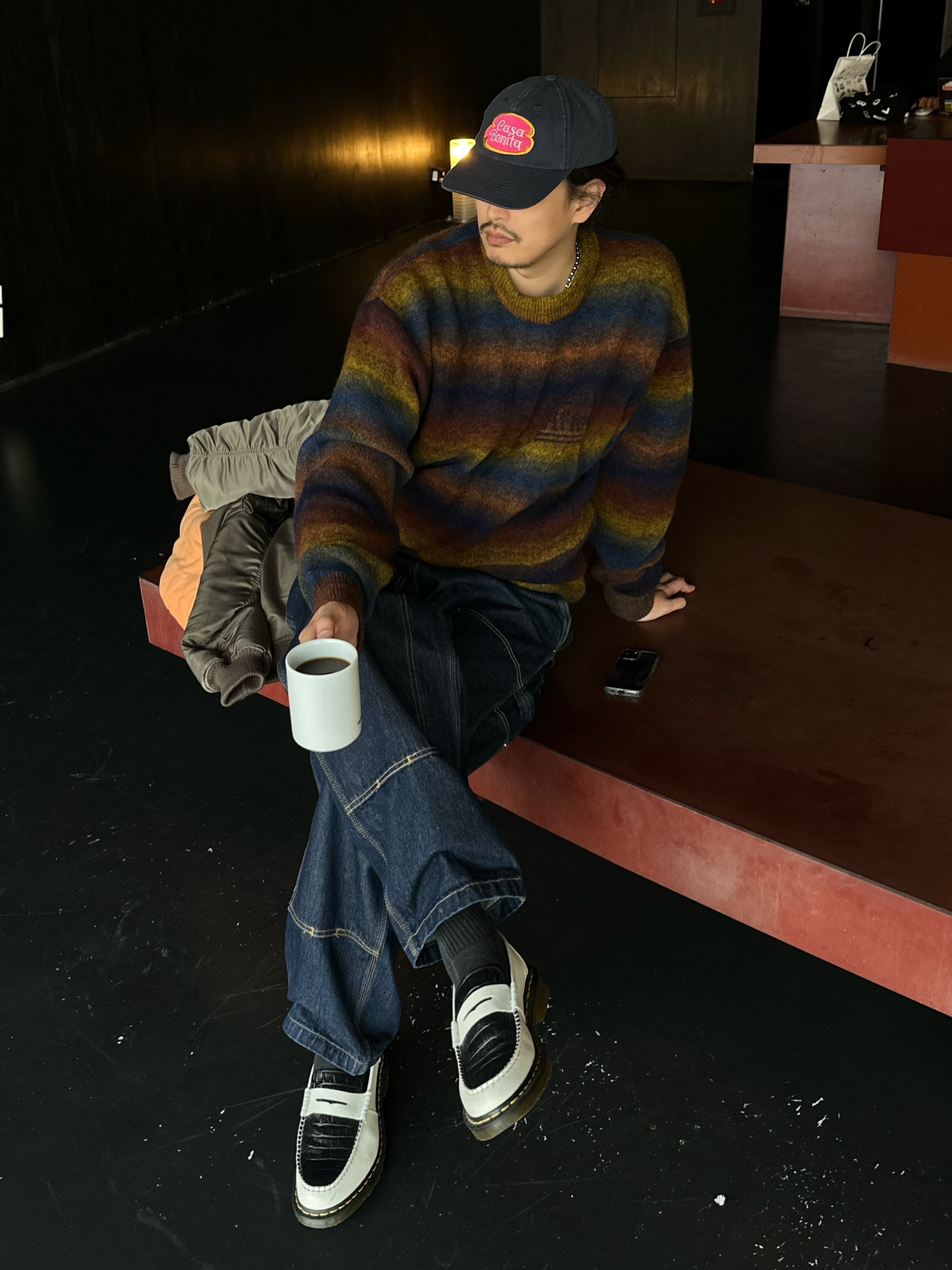 Carhartt WIP Nash Loose Fit Double Knee Pants Blue Rinsed, Aries Boucle Space Dye Knit Multi - 24FW 착용 스타일