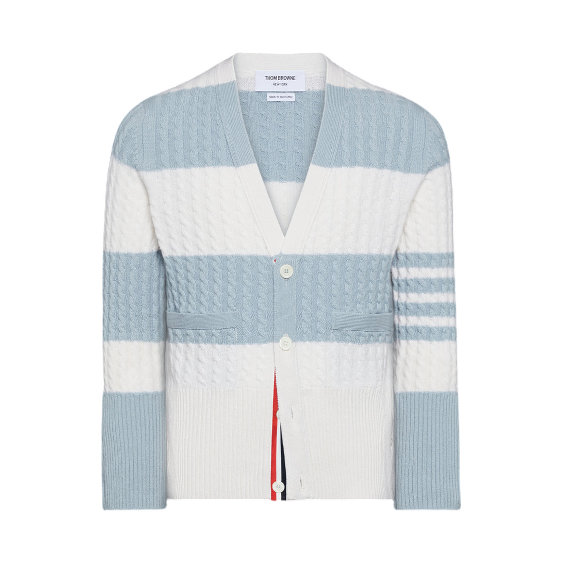 톰브라운 캐시미어 베이비 케이블 스티치 사선 가디건 라이트 블루 화이트(Thom Browne Cashmere Baby Cable Stitch 4-Bar Cardigan Light Blue White) - 1