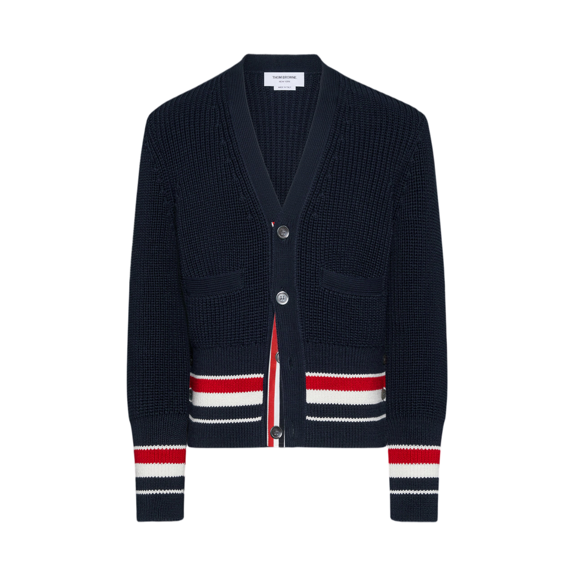 톰브라운 하프 가디건 스티치 코튼 RWB 가디건 네이비(Thom Browne Half Cardigan Stitch Cotton RWB Cardigan Navy) - 1