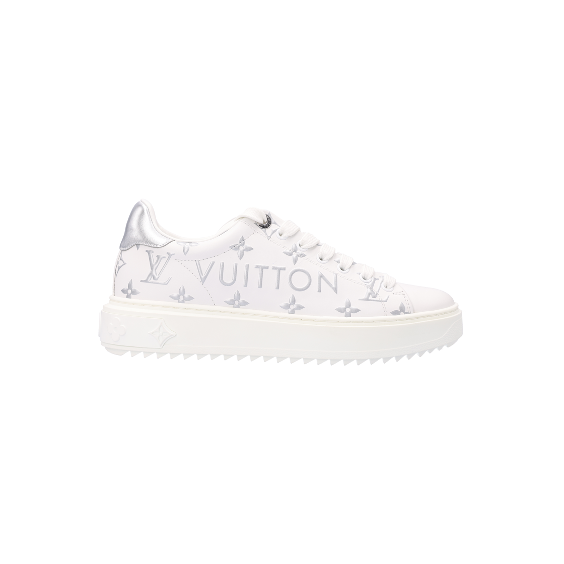루이비통 1AAVV6 타임아웃 모노그램 로우탑 스니커즈 화이트 실버 37.5(Louis Vuitton Timeout Monogram Low-Top Sneakers in White/Silver, Size 37.5)