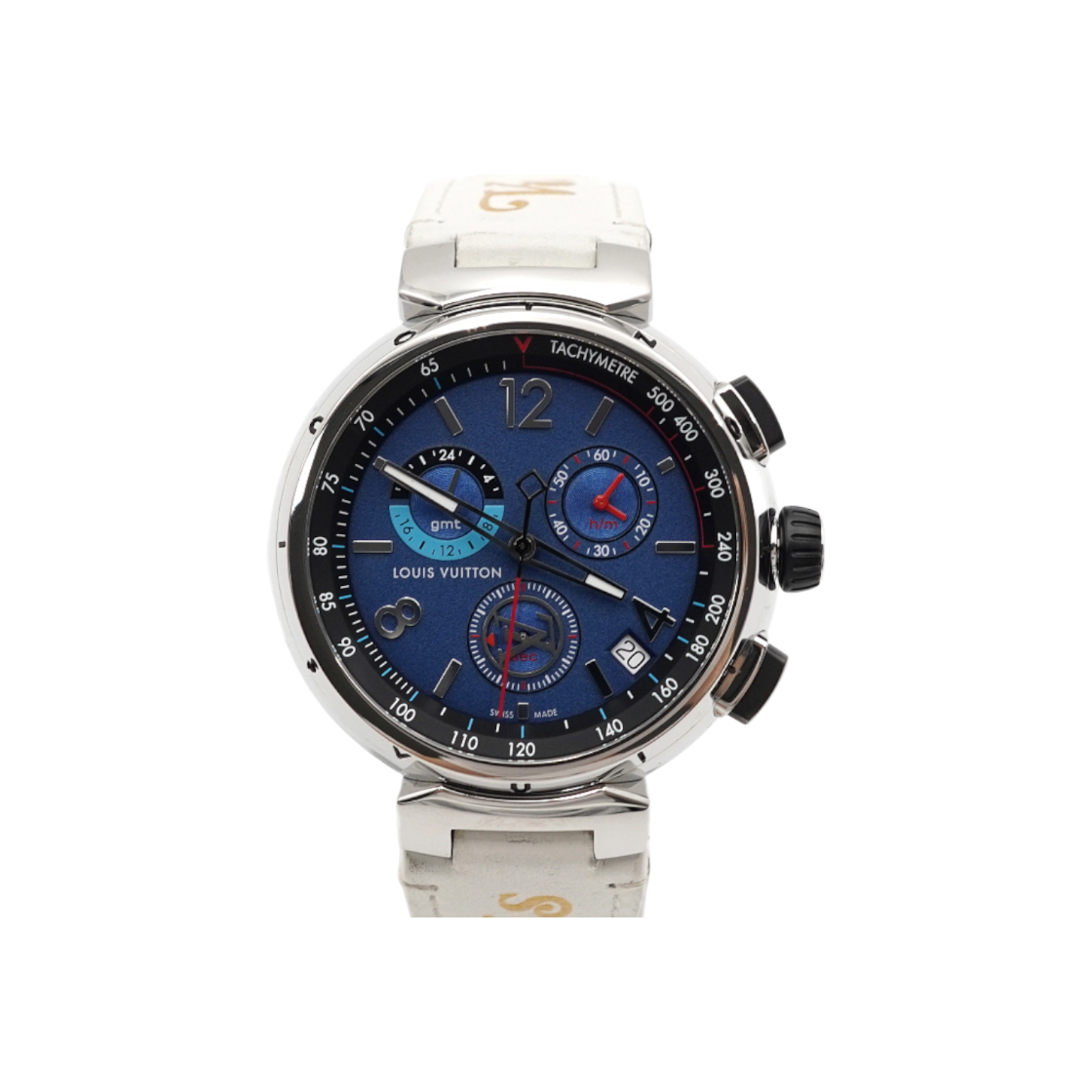 ルイ・ヴィトン QA153 タンブルクロノ ブループレート 44MM クォーツ レザーバンド メンズ腕時計 aa56382(Louis Vuitton Tambour Chronograph Blue Dial 44MM Quartz Leather Strap Men's Watch)