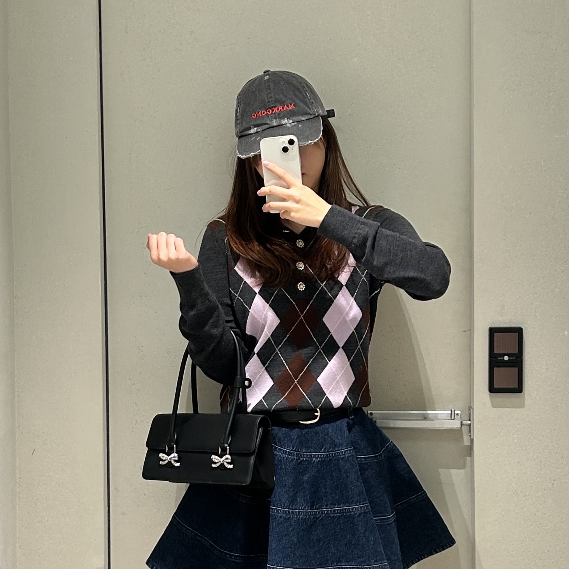 Self Portrait Women Argyle Lightweight Jumper Grey - 26SS 착용 스타일 - 4