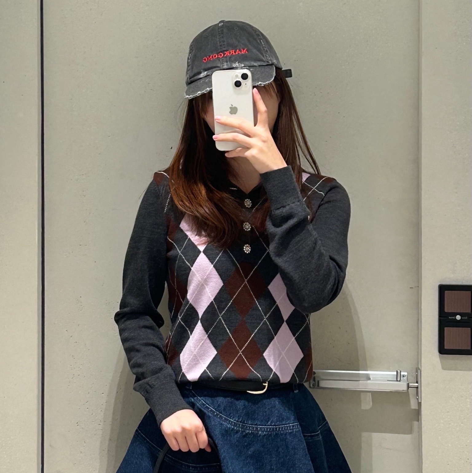 Self Portrait Women Argyle Lightweight Jumper Grey - 26SS 착용 스타일 - 1