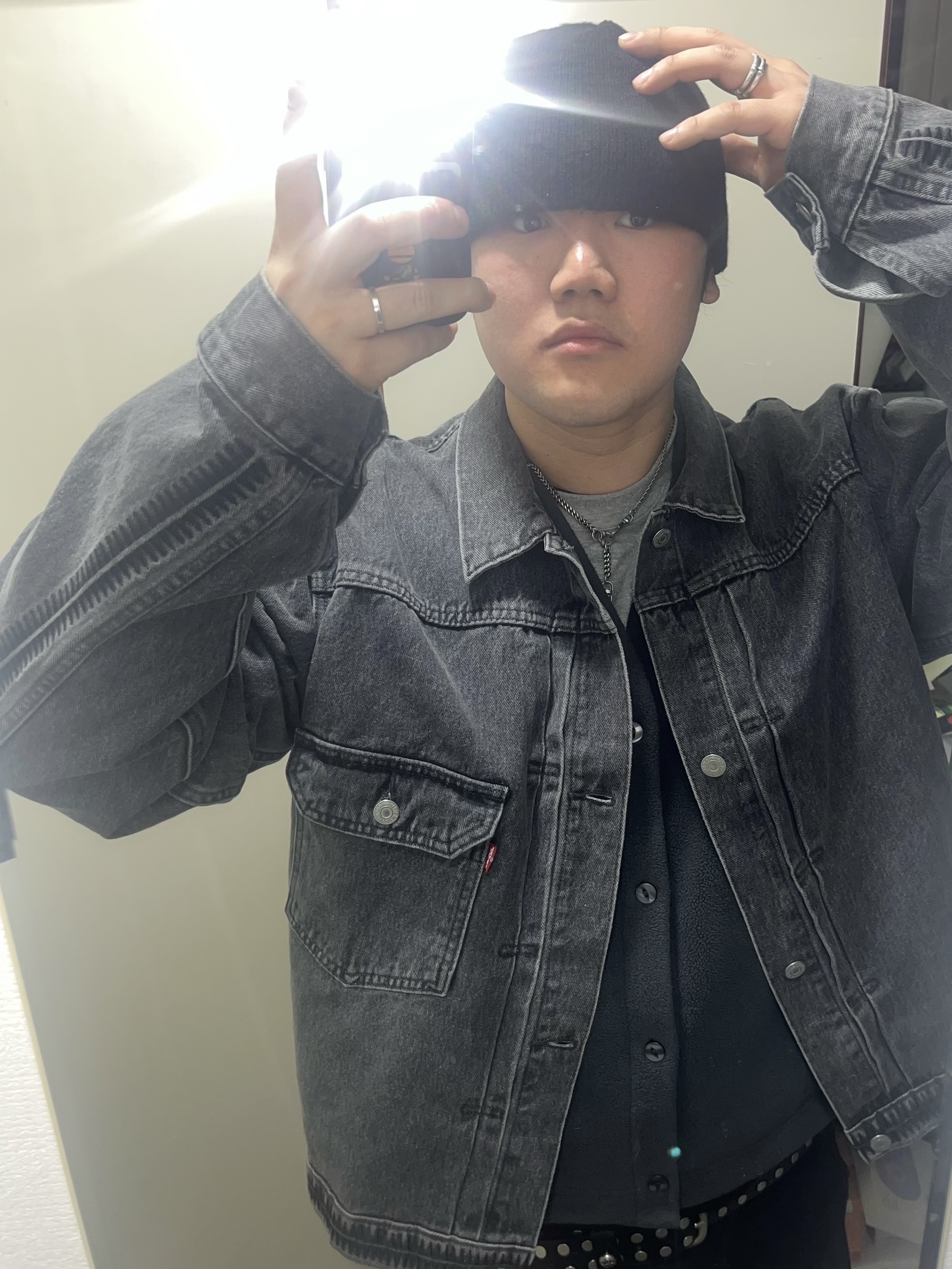 Levi’s x Undercover UC1E9202 Jacket Gray, Uniqlo x Needles Fleece Oversized Cardigan Dark Gray - KR 착용 스타일