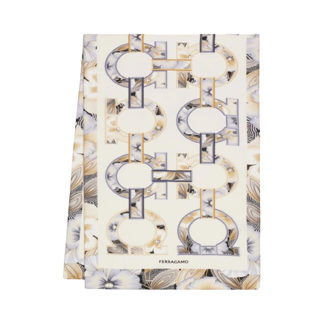(W) 페라가모 간치니 프린트 실크 스카프 아이보리 블랙((W) Ferragamo Gancini Print Silk Scarf Ivory Black) - 1