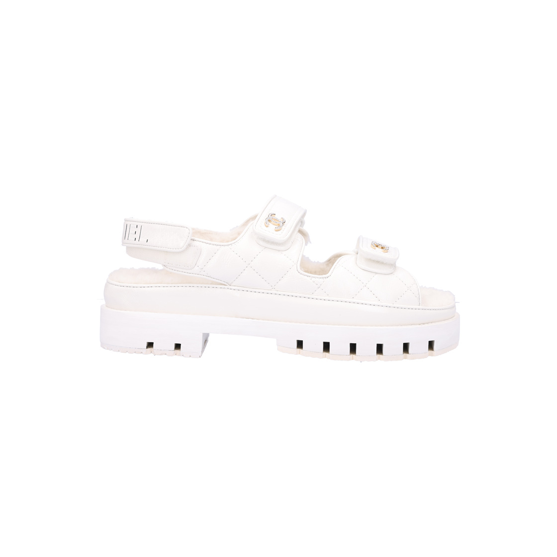 IT5694WVUDVP Chanel G45291 Shiny Calfskin Knit Fur Velcro Sandals in White, Size 39