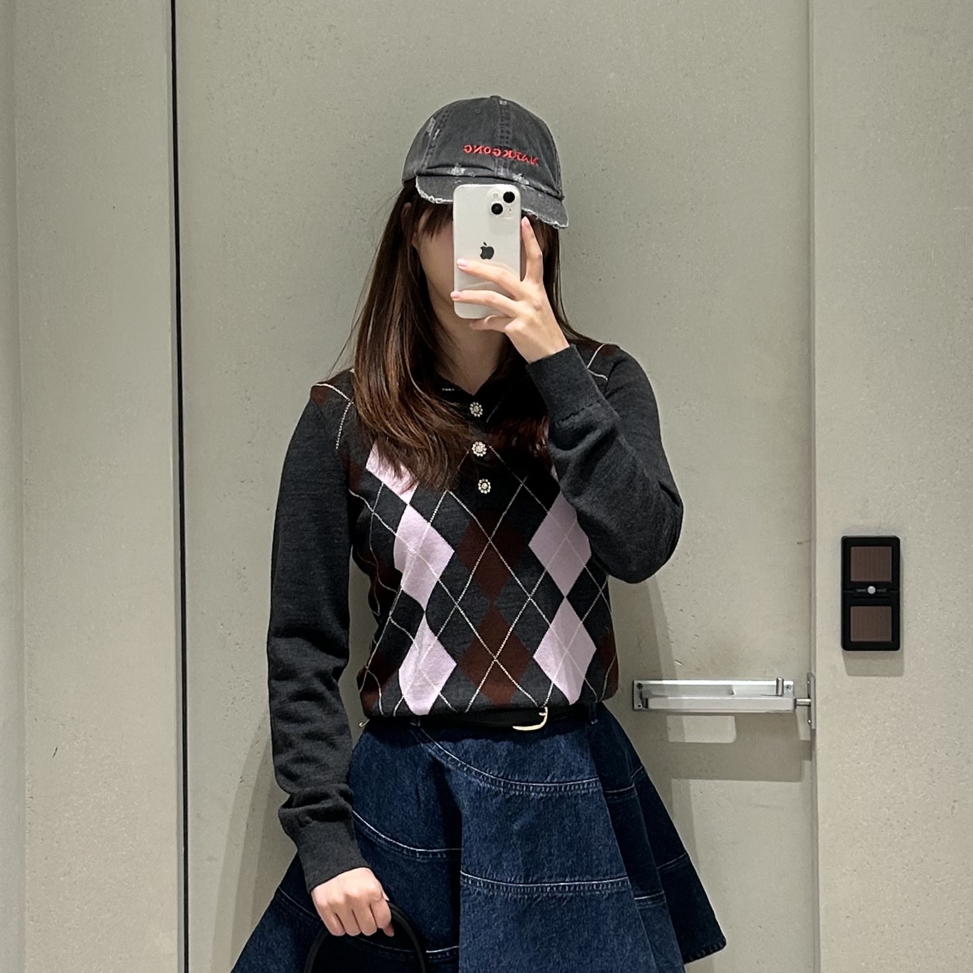 Self Portrait Women Argyle Lightweight Jumper Grey - 26SS 착용 스타일 - 3