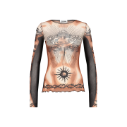 Jean Paul Gaultier Women Re-Edition : Long Sleeves Crew Neck Top Printed "Safe Sex Tatoo" Beige - 26SS