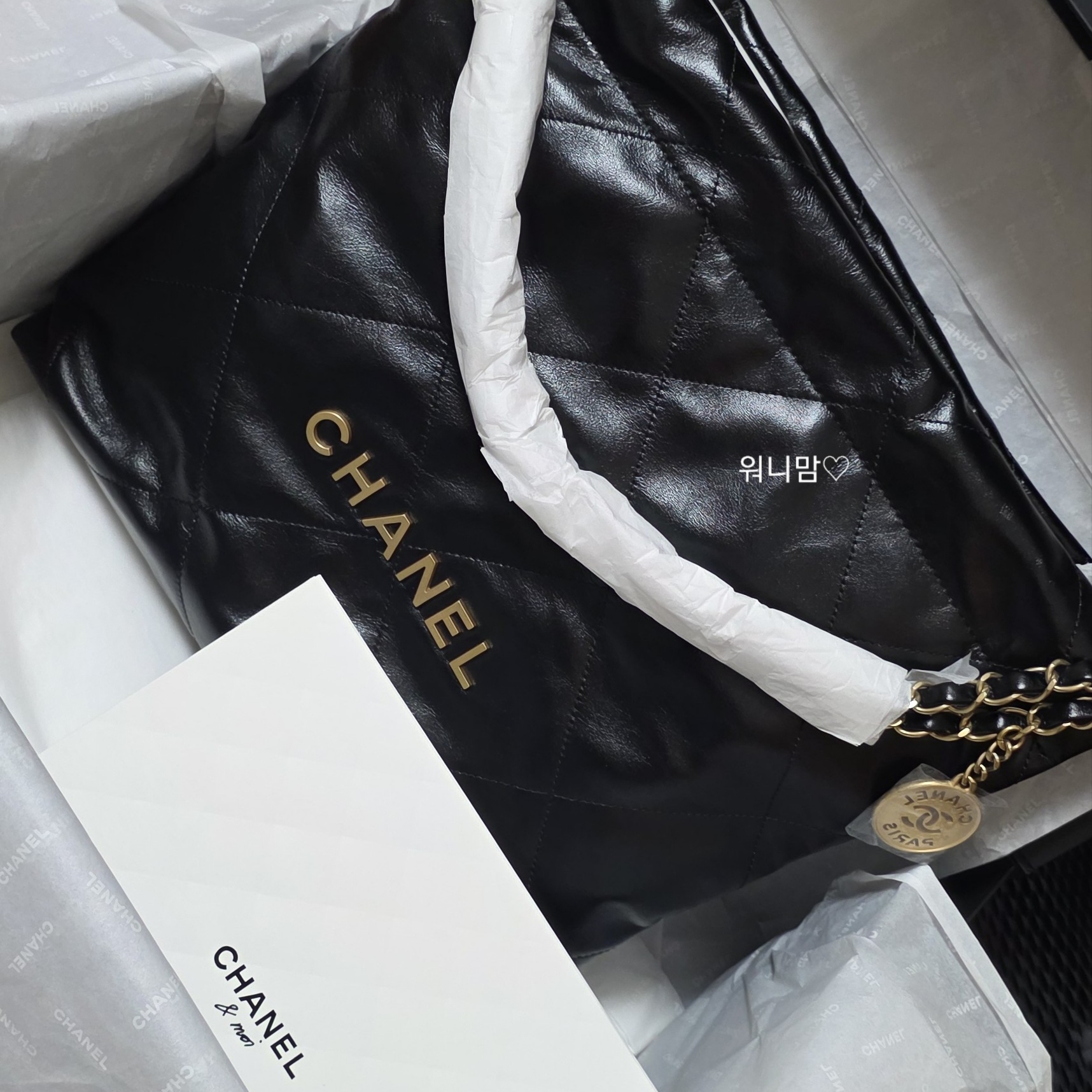 Chanel 22 Small Handbag Shiny Calfskin & Gold Black 착용 스타일