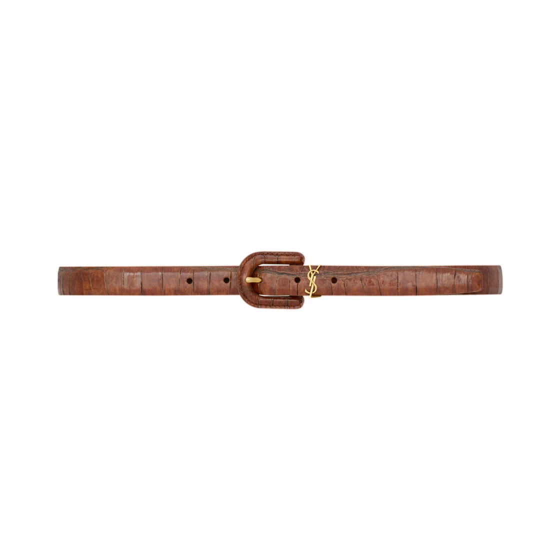 848841-AAF9L-9345 (W) Saint Laurent Cassandre Covered U Buckle Thin Belt in Crocodile Embossed Leather Vegetal Brown