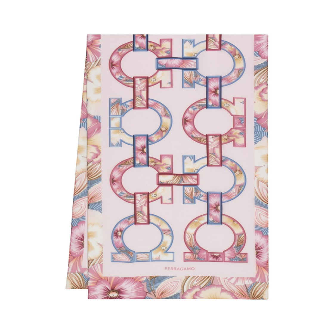 (W) 페라가모 간치니 프린트 실크 스카프 핑크 카멜((W) Ferragamo Gancini Print Silk Scarf Pink Camel) - 1