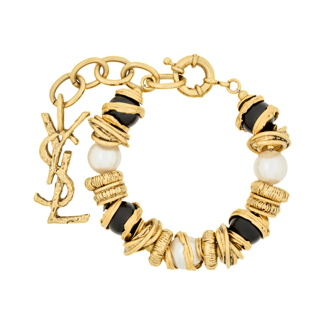 생로랑 루루 펄 앤 디스크 브레이슬릿 레진 앤 메탈 크림 블랙 브래스 골드(Saint Laurent Loulou Pearl and Disk Bracelet in Resin and Metal Cream Black Brass Gold) - 1
