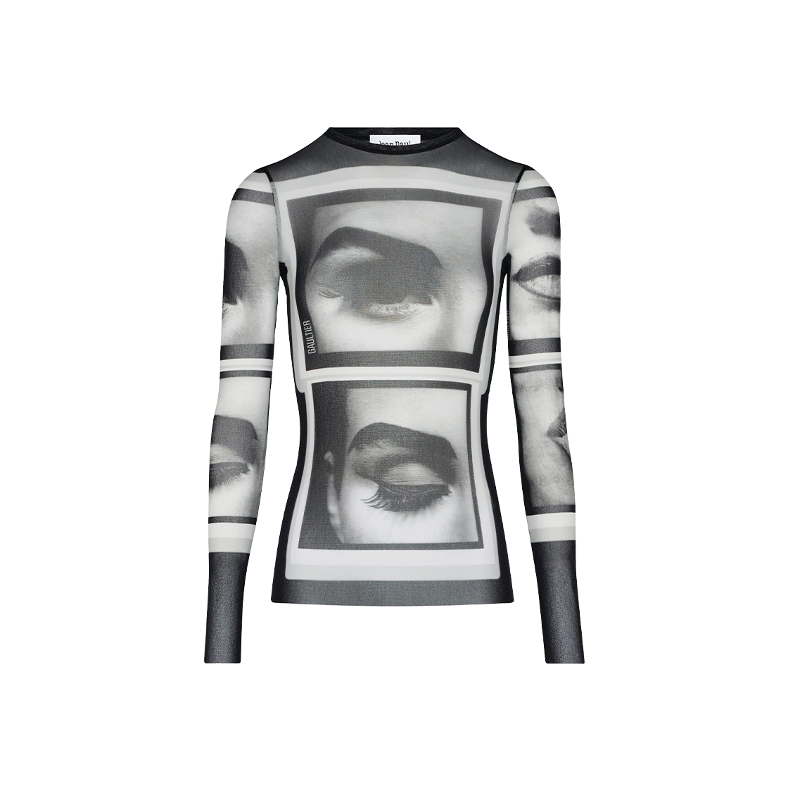 장 폴 고티에 우먼 리-에디션 : 메쉬 롱슬리브 탑 프린티드 "Eyes" 앤 "Lips" 그레이 – 26SS(Jean Paul Gaultier Women Re-Edition : Mesh Longsleeve Top Printed "Eyes" And "Lips" Grey - 26SS)