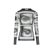 Jean Paul Gaultier Women Re-Edition : Mesh Longsleeve Top Printed "Eyes" And "Lips" Grey - 26SS
