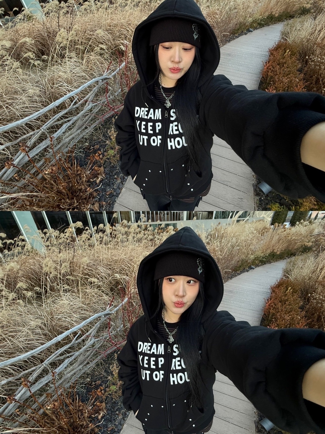 SLOW RECORD HOUSE Typo Star Hood Zip-up Black 착용 스타일 - 3