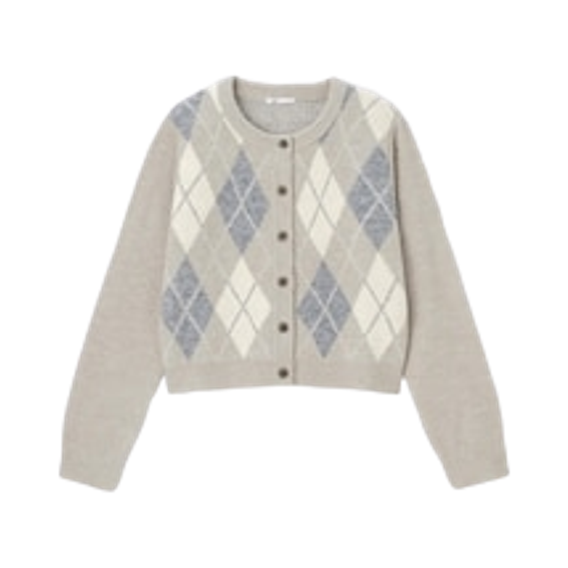 358040-31 (W) GU Puffy Touch Knit Argyle Crewneck Cardigan Beige