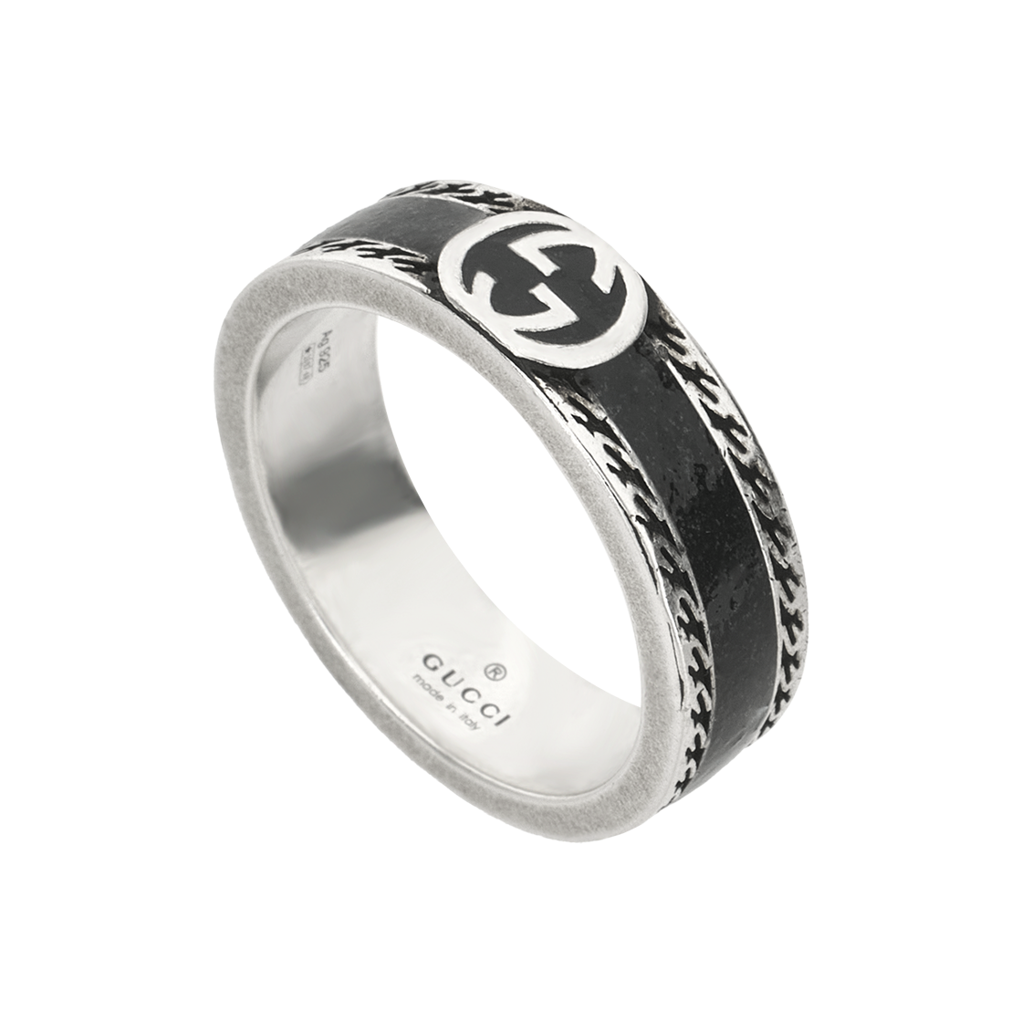 구찌 인터로킹 G 와이드 링 블랙 실버(Gucci Interlocking G Wide Ring Black Silver)