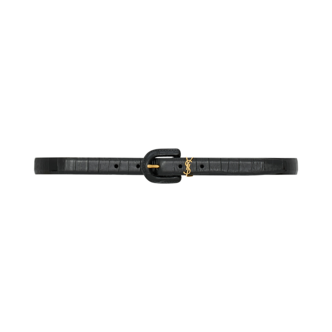 848841-AAF9L-1000 (W) Saint Laurent Cassandre Covered U Buckle Thin Belt in Crocodile Embossed Leather Black