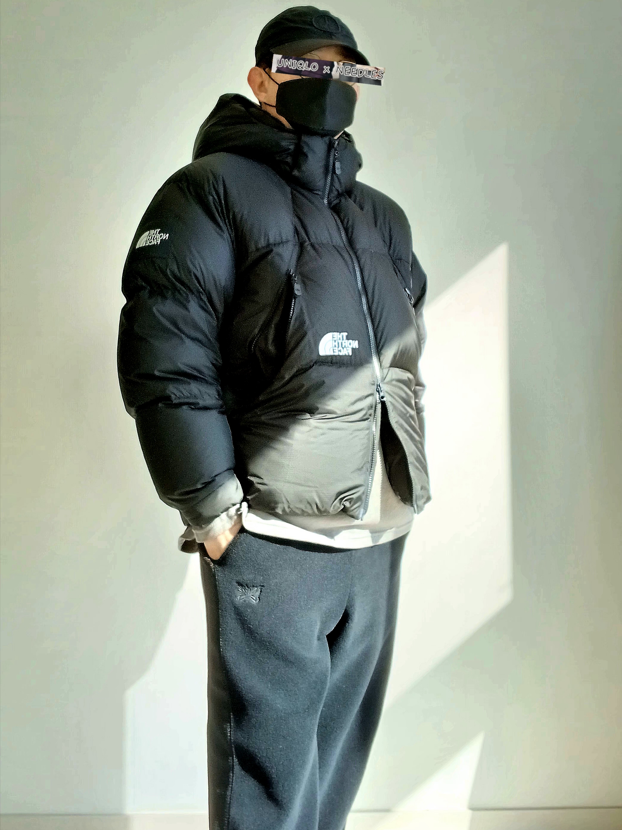 Uniqlo x Needles Fleece Wide Pants Black - KR, The North Face White Label Project Down Jacket RDS Black - 25FW 착용 스타일 - 4