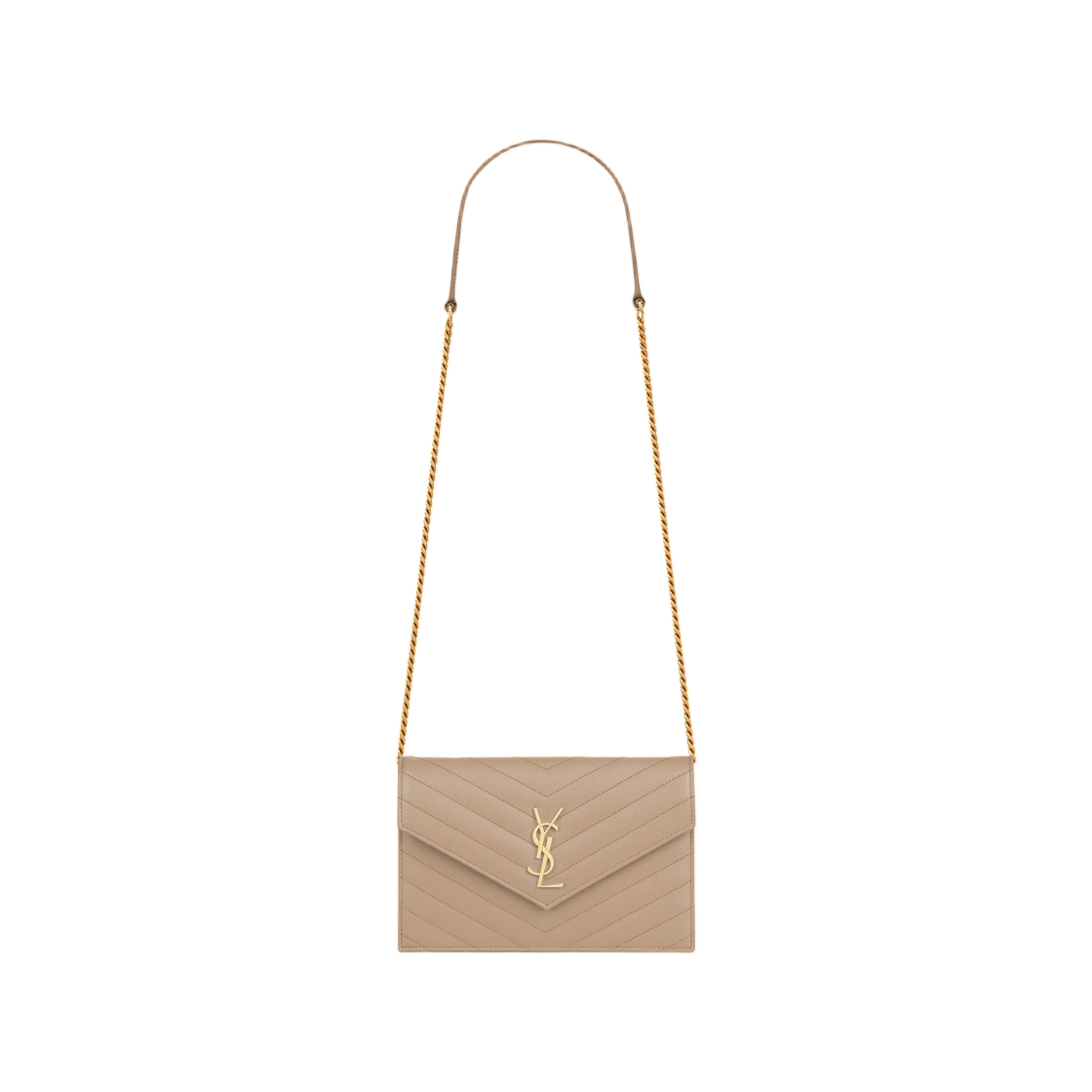 857605-BOW01-2721 Saint Laurent Cassandre Envelope Chain Wallet in Grain De Poudre Leather Dark Beige