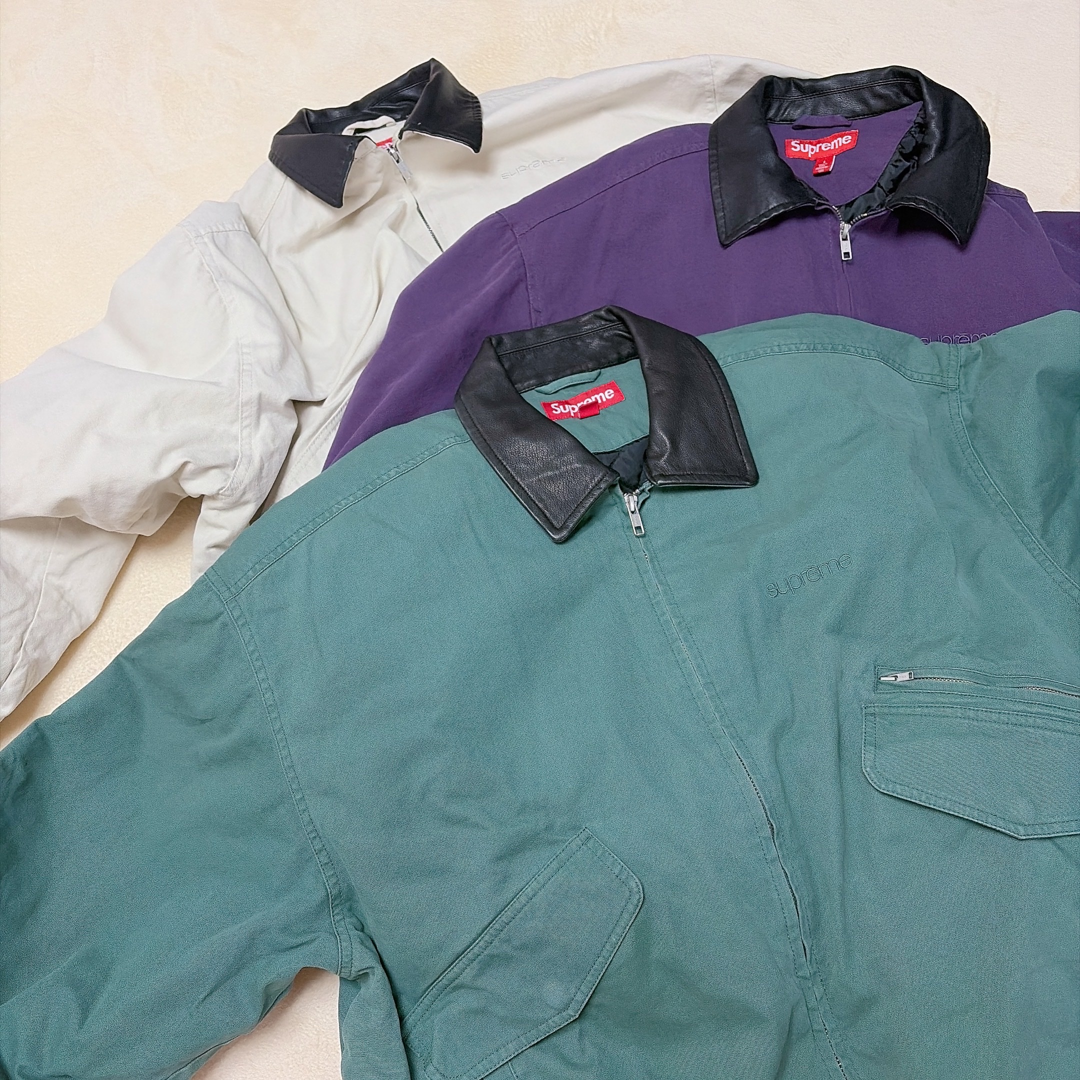 Supreme Leather Collar Utility Jacket Green - 23FW, Supreme Leather Collar Utility Jacket Dusty Purple - 24FW 착용 스타일