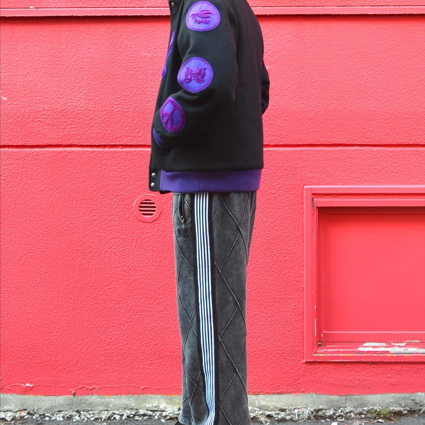 Needles x Nomarhythm Textilepatch Varsity Jacket Black 착용 스타일 - 4