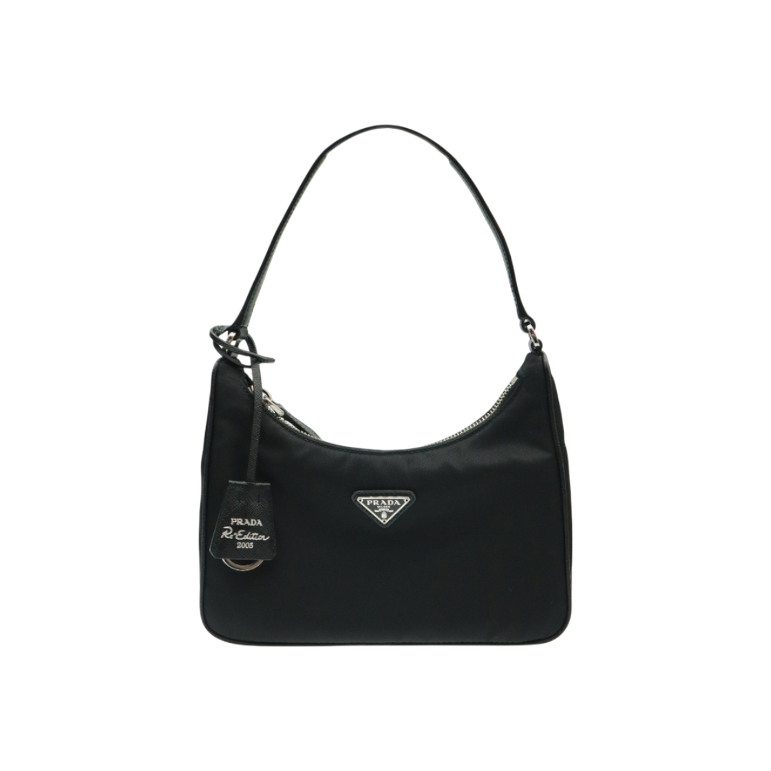 ITK6QNDCTONG Prada 1NE204 Reedition Black Re-Nylon Tessuto Saffiano Silver Triangle Mini Hobo Shoulder Bag